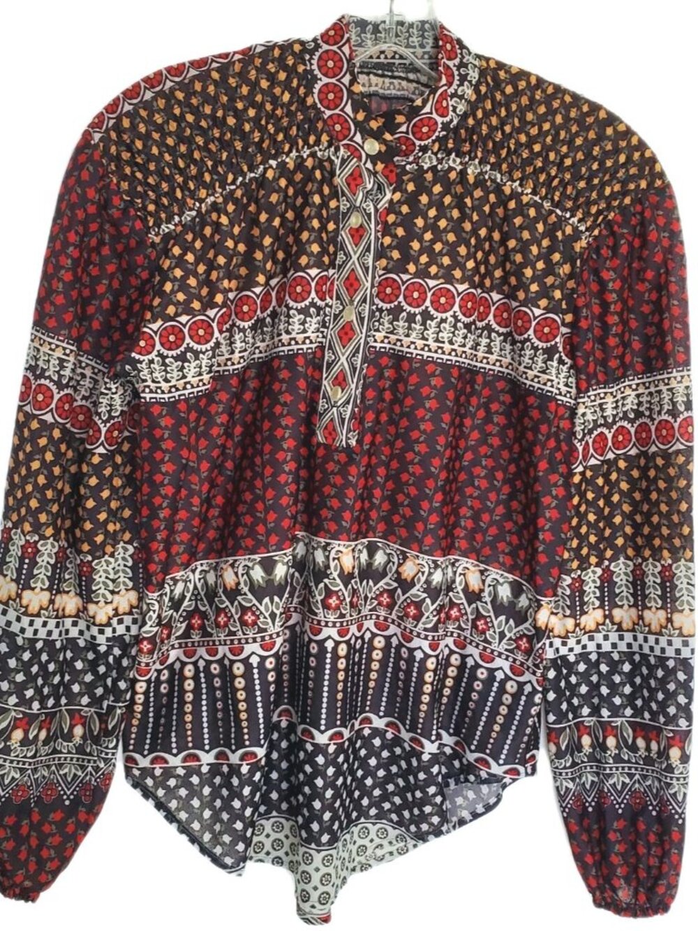 Vtg Boho Mixed Print Pintuck Bib Blouse Red Orange Folk Peasant Top Sz S/M